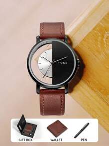 TOMI TOMI Men's Quartz Watch Set, Hollow Design See-Through Dial Casual Minimalist Watch, Includes Wallet And Pen Case, Holiday Gift For Family And Loved Ones, Christmas,