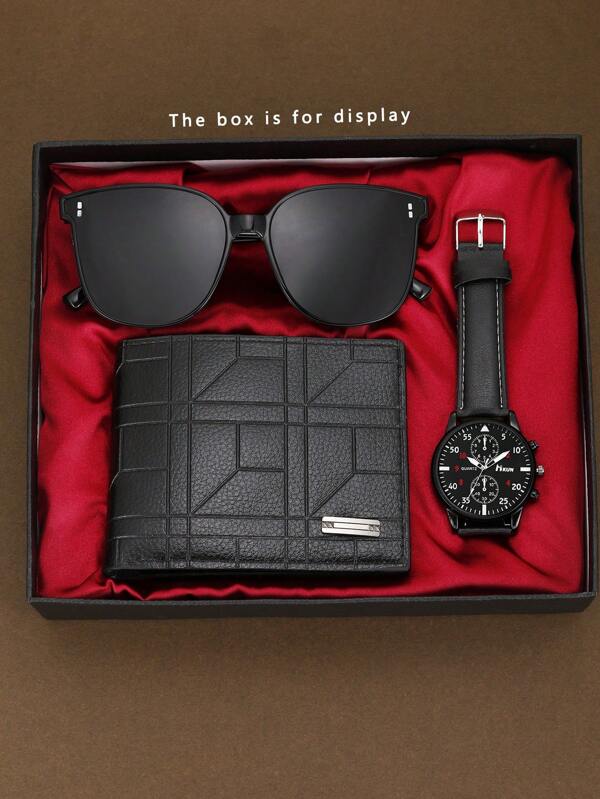 Set de 3 piezas clásico y versátil para hombres: reloj de cuarzo, billetera, gafas de sol - Regalos esenciales para campus/festividades/cumpleaños/vuelta al colegio, expresa amor y cuidado, momentos preciosos y adorables
