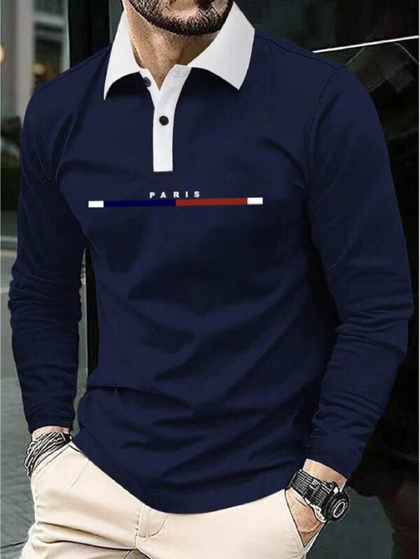 Camisa polo de golfe masculina plus size, camisa de tênis respirável de manga comprida com estampa de letras, casual para negócios