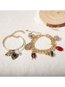 1pc Fashionable Layered Vintage Insect, Heart Shaped Zinc Alloy Pendant Women Bracelet Chain