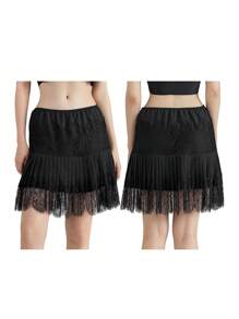 Women's Y2k Lace Half Slip Skirt Low Rise Pleated Ruffle LaceTrim Mini Skirt Layered Flowy Short Skirts Underskirt - Black - View 2