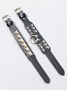 1 pieza Brazalete de PU con calavera y remaches de estilo punk, brazalete unisex gótico exagerado con remaches, brazalete de pareja de estilo rock, versátil para el uso diario de moda vintage