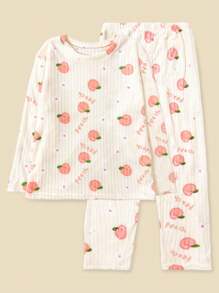 2pcs Winter Coral Fleece Top & Pants Fluffy Pajama Set, Warm Sleepwear Set, Fresh Fruit Print Lounge Set,Two Pieces Set, Fall Winter Clothes