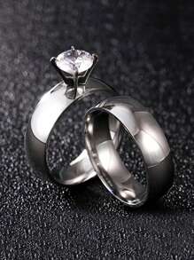 2 piezas Anillos de acero inoxidable de moda, elegantes anillos de pareja con diamantes de imitación de para regalo de boda o aniversario