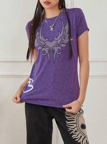 Beauace Womens Slim Gothic Tops Retro Rhinestone Cross Wing Print Cap Sleeve Round Neck Grunge Y2k T-Shirts Streetswear For Summer Spring - Purple - View 5