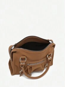 1 件女式复古 Y2K 机车朋克风格铆钉扣装饰多口袋绒面 PU 皮革摩托车包，手提和斜挎，适合街头、约会、派对 - 棕色 - 查看 7