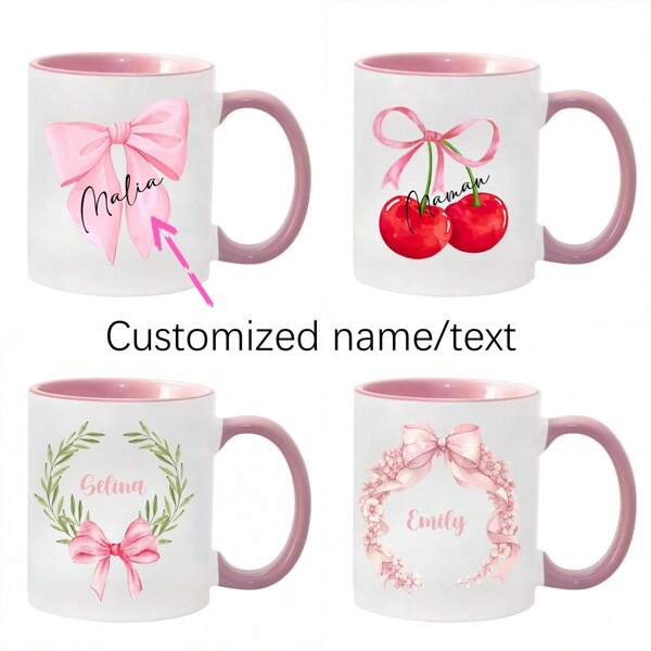 1pc Custom Name Pink Wreath Mug Pink Bow Mug Cherry Custom Mug Gift For Friends Holiday Gift ,Ornamental Fashionable,High-Quality,Stylish,Exquisite Custom,Personalized,Unique Ideal Gifts For Her Her,Boyfriend,Girlfriend,Dad,Family,Mom,Friends,Pets,Son,School Students,Daughter,Workers For Anniversaries,For Valentine's Day,For Mother's Day,For Birthdays,For Children's Day,For Graduation,For Weddings,For Father's Day,For Housewarming School,Home,Office