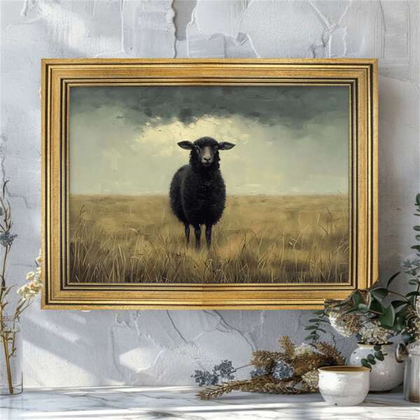 1pc Charming Vintage Black Sheep Frameless Art Decoration Painting, French Countryside Farmhouse Decoration, Living Room Wall Oil Painting Style, Suitable For Indoor Wall Decoration In Home Offices, Living Rooms, Bedrooms, Dormitories, Dining Rooms And Other Areas, Ideal Gift For Him/Her