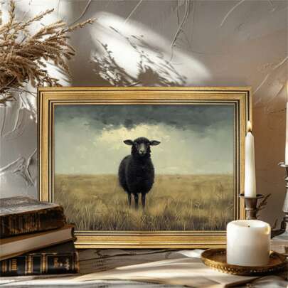 1pc Charming Retro Black Sheep Canvas Art, French Countryside Farmhouse Decoration, Living Room Wall Oil Painting Style,No Frame