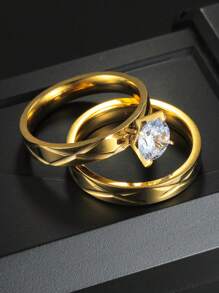 2 piezas Anillos de acero inoxidable de moda, elegantes anillos de pareja con diamantes de imitación de para regalo de boda o aniversario