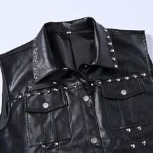 Men's Studded Biker Vest, Vintage Style Punk Rock Faux Leather Waistcoat For Street Performance, Exaggerated Fashion Series