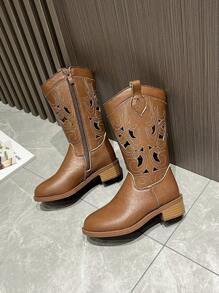 Stivali western da cowgirl ricamati con taglio laser per bambine, nuova moda stivali da equitazione di media altezza in stile vintage unisex per bambini, versatili