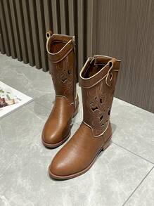 Stivali western da cowgirl ricamati con taglio laser per bambine, nuova moda stivali da equitazione di media altezza in stile vintage unisex per bambini, versatili