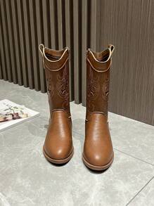 Stivali western da cowgirl ricamati con taglio laser per bambine, nuova moda stivali da equitazione di media altezza in stile vintage unisex per bambini, versatili