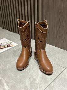 Stivali western da cowgirl ricamati con taglio laser per bambine, nuova moda stivali da equitazione di media altezza in stile vintage unisex per bambini, versatili