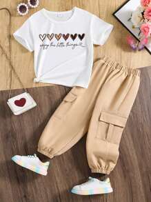 Young Girl Heart Pattern Print Short Sleeve T-Shirt And Cargo Pants Set - Khaki - View 2