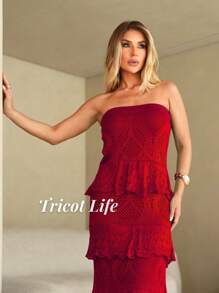 White Long Dress Red Women's Party Midi Dress Elegant Lace New Year's Eve Christmas Knit Ruffles Lined Fits 36 To 42 - 紅色 - 查看 3