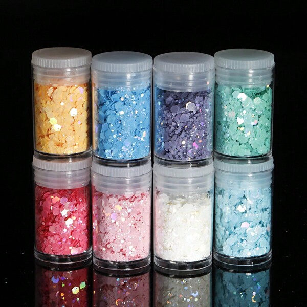8 Frascos Mistura Holográfica Grossa, Glitter Macarron Flash de Alta Qualidade usado para Artesanato DIY Decoração de Unhas com Glitter