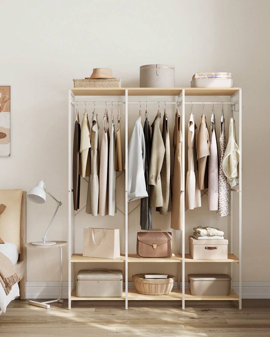 SONGMICS Armoire Vêtements Portable, Penderie Métal Pliable, Étagères de Rangement avec Tringle, Crochet Amovible, 40 x 141 x 180 cm, Beige naturel - Blanc - Voir 1