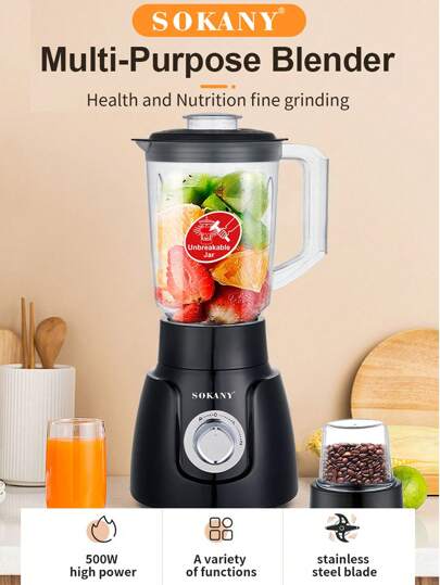  1 st Sokany 1,6L multifunktionsblender SK-185, 500W högeffekt, rostfria blad för snabb pressning, 1,6L stor kapacitet för att njuta av färsk juice, 2-hastighets justerbar, enkel användning, bekvämt grepphandtag, halkfri bas, rattbrytare