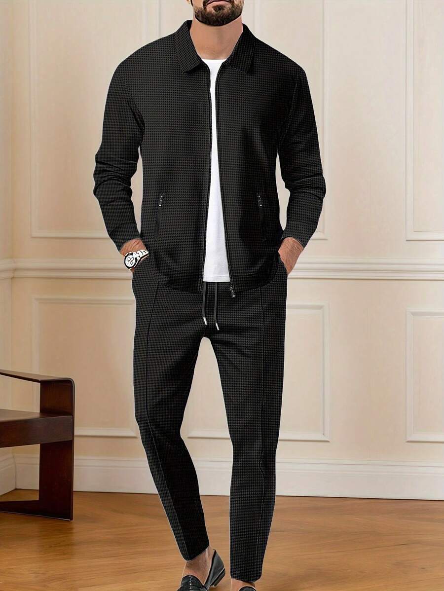 2pcs Men's Jacquard Zipper Casual Sports Solid Color Long Sleeve Suit, Simple And Fashionable - Black - View 1
