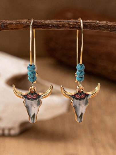 1 par de pendientes colgantes con decoración de cabeza de vaca de las tierras altas y piedra de turquesa azul de estilo vaquero del oeste para mujeres