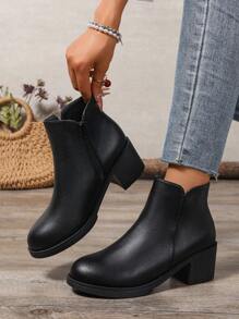 Giày bốt nữ cổ thấp đế dày thời trang mới, bốt cổ thấp nữ màu trơn chống trượt đa năng có khóa kéo, màu đen, bốt cao gót đế dày, bốt cổ thấp nữ thanh lịch. - màu đen - Xem 1