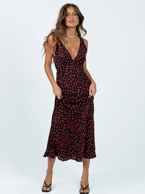 Women's Sexy Deep V-Neck Printed Black Dress