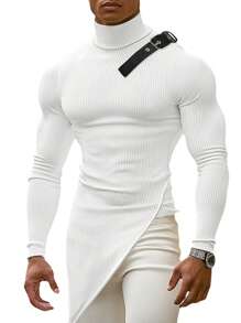 INCERUN Fashion Mens High Neck Long Sleeve Asymmetrical Hem Solid Knitted Tops Casual Slim Skinny Pullover Shirt - 白色 - 查看 2