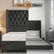 Cama con plataforma tapizada y respaldo alto, terciopelo capitoné con botones profundos, no necesita somier, fácil montaje - Negro - Ver 8
