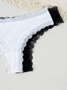 Set de 5 piezas de bragas de encaje sexy, con entrepierna de malla transpirable y ligera tipo tanga para mujeres
