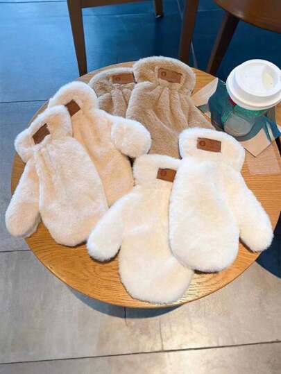 1 pereche de mănuși de pluș, drăguțe, în stil coreean, izolate termic, din desene animate moi, pentru elevi, pentru ciclism, toamnă/iarnă