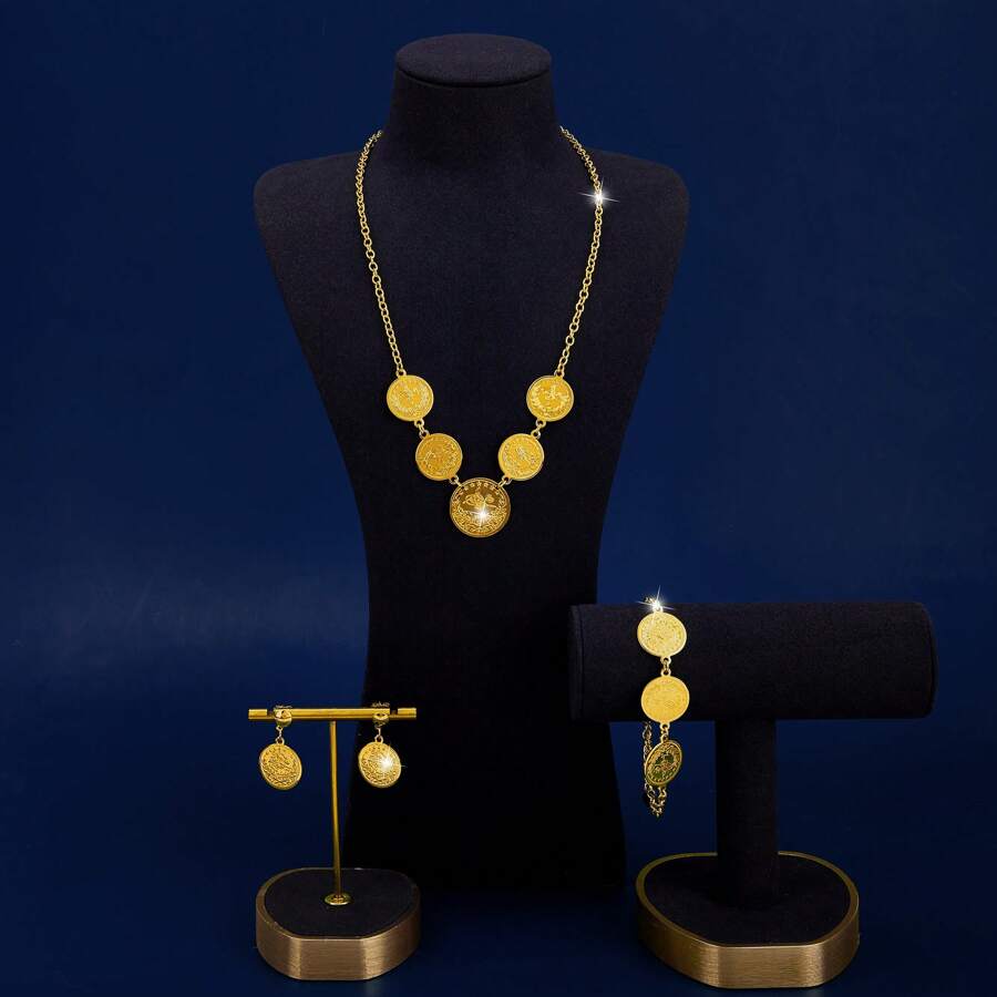 Bộ trang sức cổ điển sang trọng thời trang cao cấp Mgyi bằng đồng màu vàng dành cho nữ, dây chuyền, hoa tai, vòng tay thiết kế vuông sang trọng thanh lịch mạ vàng 18K dành cho nữ, phù hợp với Nigeria, Dubai, Trung Đông, Ả Rập Saudi, đám cưới cô dâu, trang phục hàng ngày, quà kỷ niệm ngày cưới, quà tặng Halloween cho bạn bè - Vàng - Xem 1