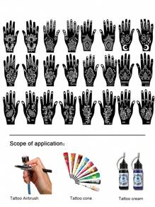 3对/6片装海娜临时纹身贴纸，蕾丝花卉图案，防水仿真纹身模板，适用于手部、脚部，男女通用 - 黑色 - 查看 5