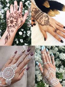 3对/6片装海娜临时纹身贴纸，蕾丝花卉图案，防水仿真纹身模板，适用于手部、脚部，男女通用 - 黑色 - 查看 4