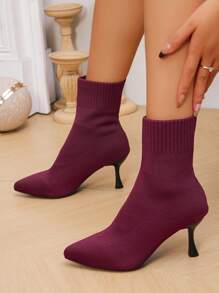 Knitted Skinny Boots For Women, Pointed Toe Slim High Heel Mid-Calf Socks Boots, Versatile For Autumn/Winter - Burgundy - View 4