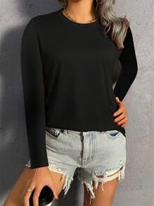 Maglietta casual a maniche lunghe da donna, Maglietta girocollo tinta unita, lavorazione raffinata con fodera del colletto, adatta per primavera e autunno