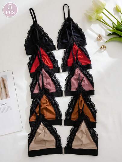 5pcs/Set Women's Front Closure Lace Patchwork Comfortable Lingerie Bras