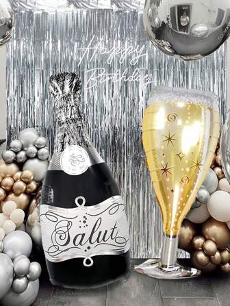 2/4 件银色和黑色酒瓶和香槟杯铝箔气球，包含酒瓶、短香槟杯铝箔气球，适用于生日派对、2025 新年派对、婚礼主题派对装饰、家居装饰、酒吧