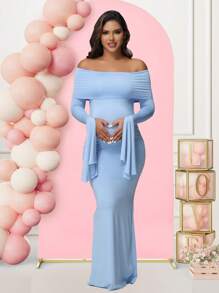 Maternity Long Sleeve Solid Color Off-Shoulder Dress For Baby Shower Photoshoot Party, Elegant - Baby Blue - View 6