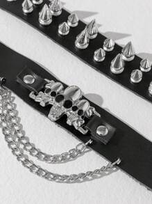 1 pieza Brazalete de PU con calavera y remaches de estilo punk, brazalete unisex gótico exagerado con remaches, brazalete de pareja de estilo rock, versátil para el uso diario de moda vintage
