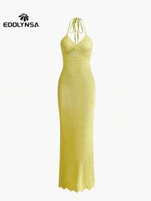 Sexy Knit Handmade Crochet Dress Summer Spaghetti Strap Bodycon Holiday Y2k Knit Halter Valentine Day New Years Women Dress - Yellow - View 2