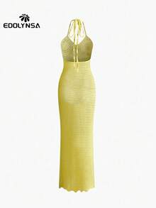 Sexy Knit Handmade Crochet Dress Summer Spaghetti Strap Bodycon Holiday Y2k Knit Halter Valentine Day New Years Women Dress - Yellow - View 3