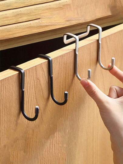 1pc Stainless Steel Hook Free Punching Double S-Shape Hook, Kitchen Bathroom Cabinet Door Back Type Coat Towel Storage Hanger
