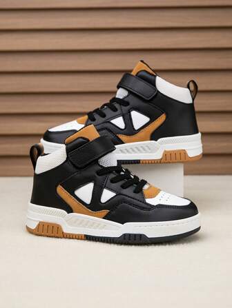 1 Pair Children High Top Sports Shoes, Skateboard Shoes, Casual Hook-And-Loop Strap Easy Wear Lightweight Non-Slip Wear-Resistant Patchwork Black & White Shoes With Christmas Elements