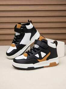 1 Pair Kids High-Top Sneakers, Skateboard Shoes For Indoor/Outdoor Casual Wear, Hook & Loop Closure, Easy To Wear, Lightweight Patchwork Design - Coffee Brown - View 4