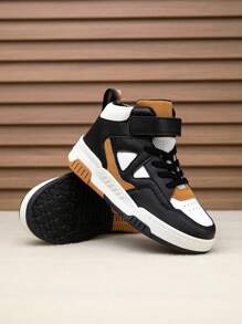 1 Pair Kids High-Top Sneakers, Skateboard Shoes For Indoor/Outdoor Casual Wear, Hook & Loop Closure, Easy To Wear, Lightweight Patchwork Design - Coffee Brown - View 9