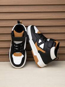 1 Pair Kids High-Top Sneakers, Skateboard Shoes For Indoor/Outdoor Casual Wear, Hook & Loop Closure, Easy To Wear, Lightweight Patchwork Design - Coffee Brown - View 3