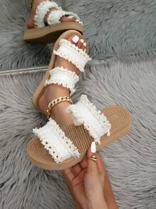 Women's Platform Sandals, Low-Heeled Beige Beach Sandals, Sandals With Fringe Straps Front & Back, Vacation Style