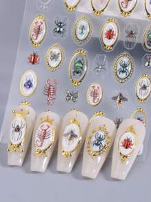 1张5D/3D昆虫美甲贴纸，彩色复古边框图案，瓢虫、蝴蝶、蜘蛛、蜈蚣设计，DIY美甲装饰贴纸，美甲配件，送给女孩的绝佳礼物，美甲用品 - 彩色 - 查看 3